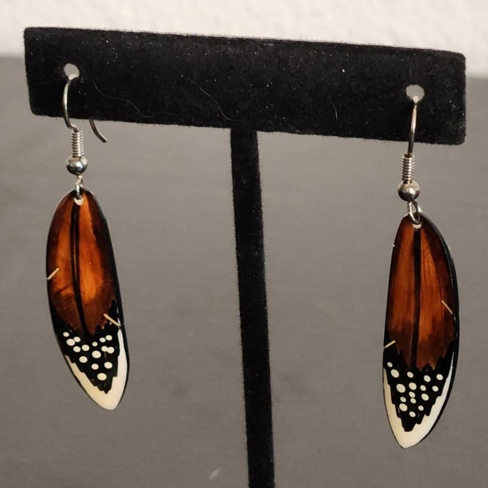 Painted Feathers on Wood Earrings